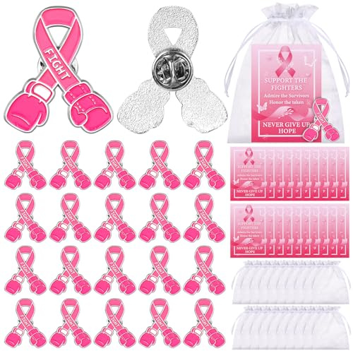 20 Ensembles d'épingles à Ruban Rose pour la Sensibilisation au Cancer du Sein, Badges de Combat, Gants de Boxe, épingles à Revers, Cartes inspirantes, Sacs en Organza, pour événements caritatifs