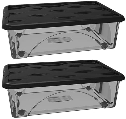 2 Scatole Multiuso 60x40x18 Organizer Box Portaoggetti Contenitore 30LT STORAGE Salvaspazio con Coperchio Nero e 4 Ruote Sovrapponibile cassa organizzazione cesta indumenti Casa Bagno Ufficio