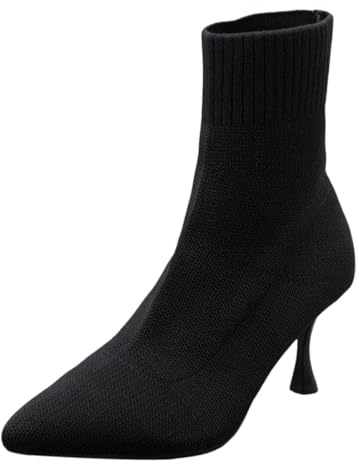 2026 Botines Mujer Botas Mujer Color Sólido Sencillo Casual Punto Transpirable Calcetines Tacones Altos Tacones Finos Encaje Medio Botas Grandes Botines Botines Cortas, Negro , 38 EU