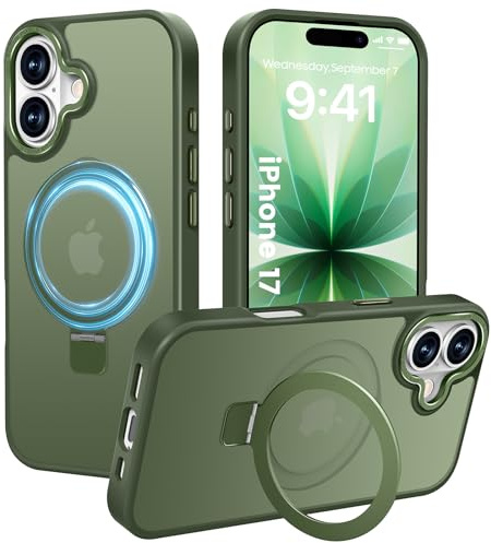 PuyaTeya Handyhülle für iPhone 17 Hülle, [mit Unsichtbarem Ständer ][mit Magnete] Kratzfeste Anti-Fingerabdruck [Transluzente Matte] Hülle für iPhone 17 (Dunkel Grün)
