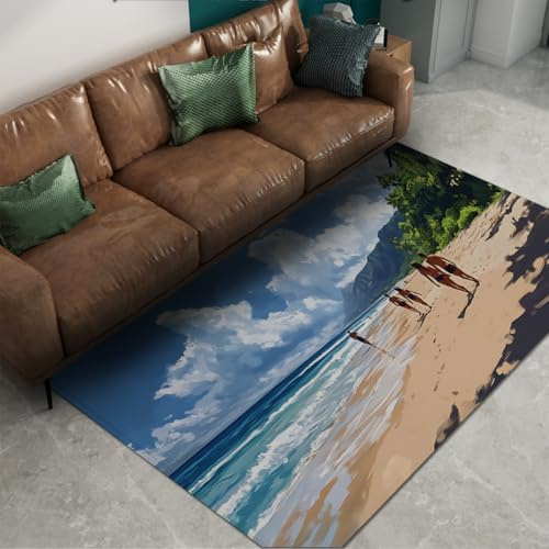 Alfombra Estilo vacacional en la Playa, Nubes Blancas, Palmeras Marinas, patrón de viajeros, moqueta Suave de Pelo bajo para salón, lavandería, Patio Lavable 140x180cm