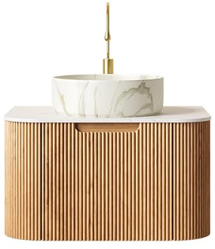 Mobiletto da bagno sospeso da 61 cm, con lavabo effetto marmo, piastra sinterizzata Carrara, frontale curvo a righe con cassetto, mobili da bagno preassemblati in legno naturale