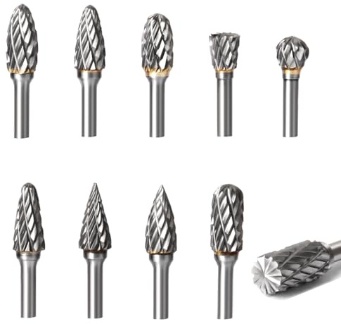 Josaton 10Pcs Tungsten Carbide Rotary Burr Set, 1/8 (3mm)Shank Double Cut Die Grinder Bits Rotary Tool Bits Accessories for DIY Wood Carving, Metal Polishing, Engraving, Drilling