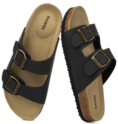 Mnking Mules Sandales Femme Homme Été Plates Boucle Bout Ouvert Rétro Nu-pieds Confortable Cuir Suédé Antidérapant Pantoufles en Liège