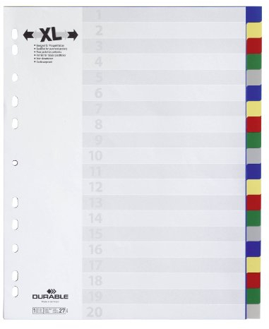 Durable Register aus Kunststoff mit farbigen Taben, Überbreite, 20-teilig, 675927