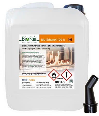 BioFair Bioethanol - 100% Reiner Brennstoff - Bioethanol für Bioethanolkamin, Ethanol Tischkamin, Wandkamin Indoor - 10 Liter