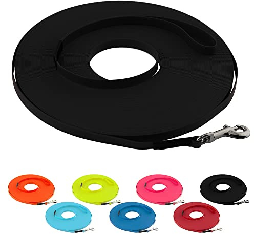 LENNIE Ultraleichte BioThane Schleppleine für Hunde bis 5kg, 15m lang, mit Handschlaufe, Schwarz, genäht, 9 mm