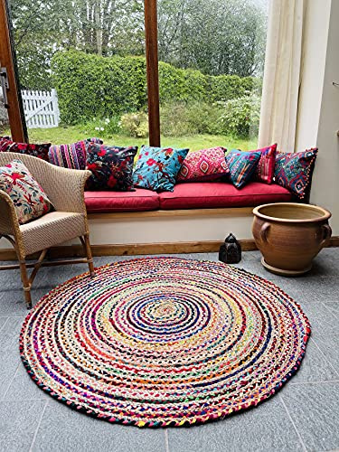 Second Nature Online - MISHRAN Tapis de Salon Tressé Multicolore | Jute Naturelle + Tissu Recyclé | Tissé à la Main | Style de Tissage Plat | Écologique & d'origine Éthique