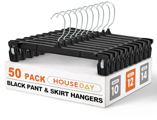 HOUSE DAY Black Pants Hangers 50 Pack, 12 Inch Skirt Hangers with Non-Slip Big Clips and 360° Swivel Hook, Heavy Duty Slim Plastic Pant Hanger, Space Saving Clip Hanger for Pants, Skirts, Shorts