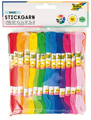 folia 23991 - Stickgarn Basic, 100 % Baumwolle, 52 Docken à 8 m in 26 Farben sortiert, zum Sticken, Knüpfen und Basteln, Mehrfarbig.