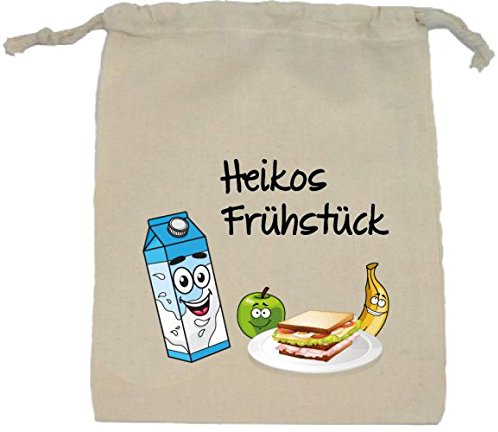 Bambinella® Frühstücksbeutel Lunchbeutel Stullentüte - mit oder ohne Namen bedruckt - 100% Baumwolle - Farbe: Natur - mit Kordelzug - Größe 24cm x 29cm - gefertigt in eigener Werkstatt in Deutschland