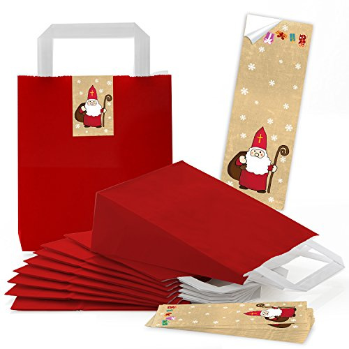Logbuch-Verlag 10 rote Nikolaustüten mit Aufkleber gold Nikolaus Geschenkverpackung Nikolausstrumpf zum Befüllen 18 x 8 x 22 cm