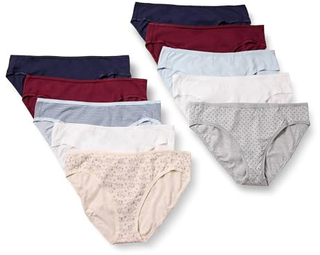 Amazon Essentials Women's Bikinitrosor underkläder i bomull (finns i plusstorlek), Pack of 10, Ditsy blomster/Flerfärgad/Prickar/Rand, M