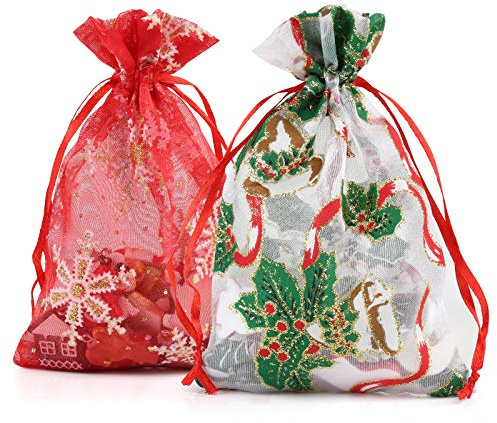 Naler Organzasäckchen 10x15 Geschenkbeutel Weihnachten 20 Stk. | 20 Organza Säckchen 10x15 cm in 2 Weihnachts-Motiven. Weihnachtsbeutel aus Stoff für Geschenke & Süßigkeiten.