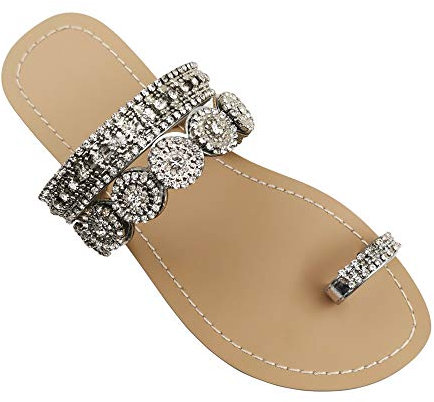 AIJIVOU Flache Damen-Sandalen mit Strasssteinen, Flip-Flops mit Clip, Zehenring, Perlen, Strass, Kristall, Juwelen, Sandalen, Schuhe für Sommer, Strand, Urlaub, Outdoor, silber, 38.5 EU