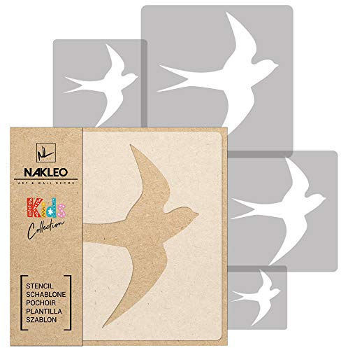 NAKLEO Pochoirs de Peinture pour Enfants, 5 pièces 9x9 à 34x34cm, Modèle de Dessin en Plastique, Réutilisables, Avaler Oiseau Animal, DIY Bricolage Décoration Chambre, Mur Meubles Papier