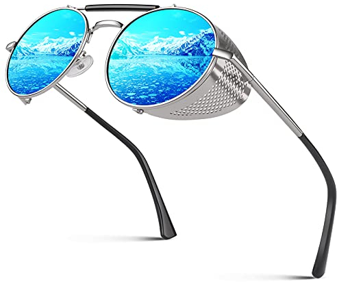 CGID E92 Polarizzate Occhiali da Sole da Uomo Donne Retro Stile Steampunk Rotondi in Metallo Argento Blu Specchiato