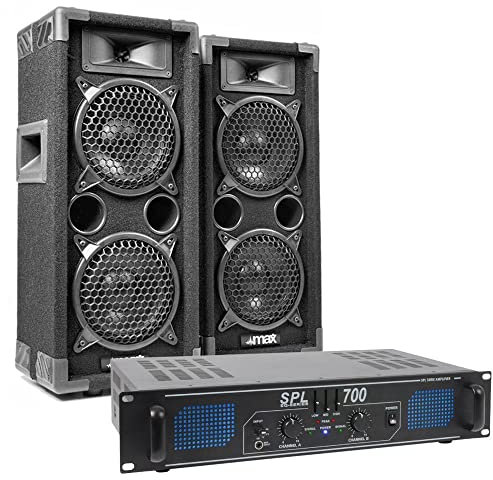 MAX26 + SPL700 – Sistema de Sonido DJ 700W con 2 Altavoces, Amplificador y Cable de 10m – Compatible con mezcladores, Controladores Midi, Smartphones y más – Potente y fácil de Instalar