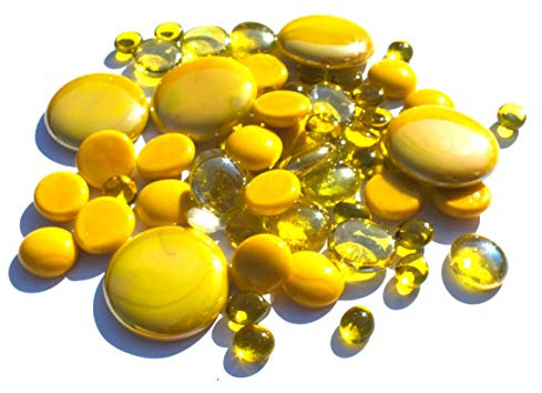 mesbilles - 500 GR Mélange Jaune Billes Plates - Galet en Verre 30 mm 20 mm 10 mm Cailloux en Verre décoratifs