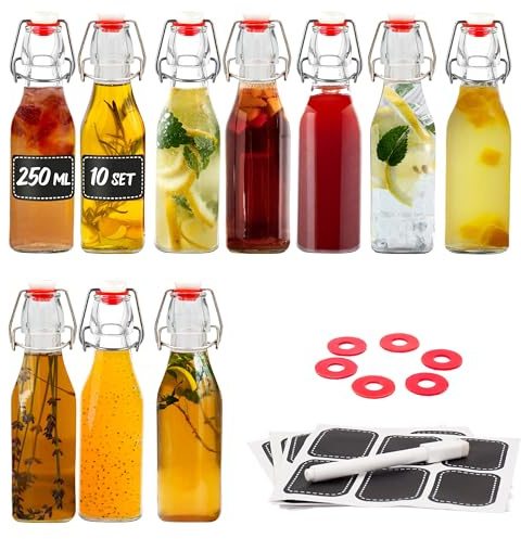 Praknu 10 Bouteille Verre 250ml avec Bouchon Mécanique - 10 Étiquettes et Stylo 10 Joints Supplémentaires - Bouteille Vide Verre pour Infusion d'huile d'olive