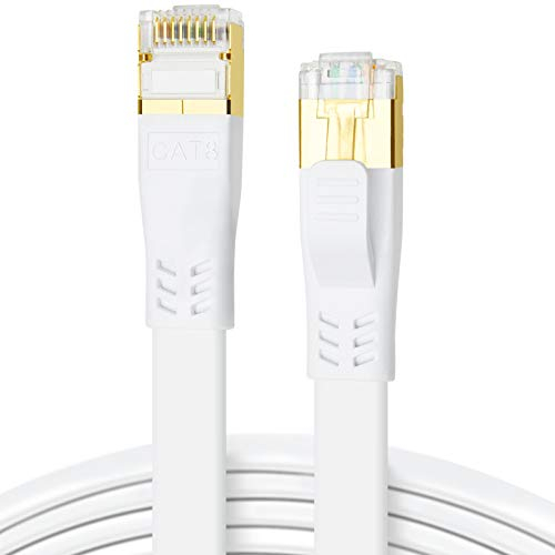 DDMALL CAT 8 Kabel 15m, Hochgeschwindigkeit 40Gbps 2000MHz SSTP CAT8 Flaches Patchkabel, Gigabit Internet LAN Netzwerkkabel mit Vergoldetem RJ45 Stecker für Gaming, Modem, Router, PC (15 Meter, Weiß)