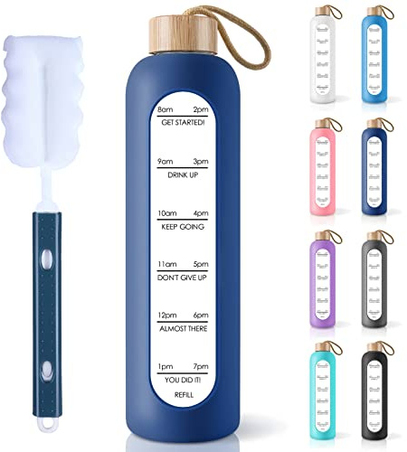 PROBTTL 32 Oz Borosilicate Glass Water Bottle with Time Marker Reminder Quotes, 1 Liter Leak Proof Reusable BPA Free Motivational Water Bottles with Silicone Sleeve and Bamboo Lid (Navy Blue)
