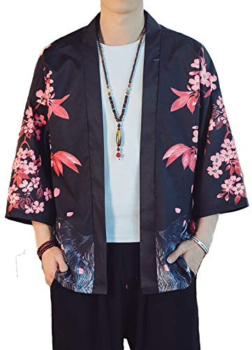 Men's Kimono Jacket Lightweight 3/4 Sleeve Kimono Cardigan Japanese Robe