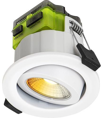 Luceco LED Adjustable Downlight with Power Change & Dim2Warm Colour Change, Fire Rated, Dimmable, Spotlight for Kitchen and Bathroom, FType MK2, White, IP65, 4W/6W, 690lm, 3000-2400K & 4000K, FTA6WD2W