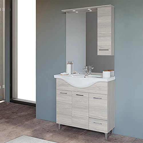 Inbagno Mobile Bagno a Terra Moderno, lavabo in Ceramica, Include specchiera con pensile e Illuminazione LED (Rovere Grigio, Larghezza 85 cm)