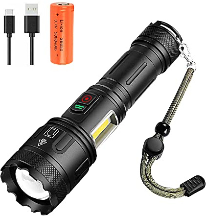 Lampe Torche Rechargeable USB, Puissante Lampe de Poche XHP160 avec Lumière COB, 15000 Lumens, 7 Modes, Torche Tactique Zoomable Étanche pour Camping, Urgence