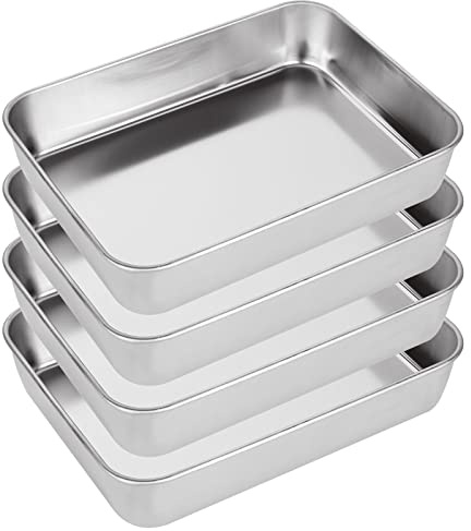 JMIATRY Stainless Steel Baking Trays Set of 4, Deep Oven Tray for Baking, Rectangle Cake Tins for Cake, Brownie, Lasagna, Casserole, Brushed Finished and Dishwasher Safe, 23.6x18x5cm