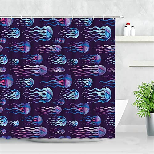 Jqynn Duschvorhang für Eckdusche und Kleine Badewanne, Bad Vorhang Textil aus Polyester Stoff Schimmelresistent Wasserabweisend und Waschbar, Qualle， 180x240cm mit Duschvorhangringen Shower Curtains