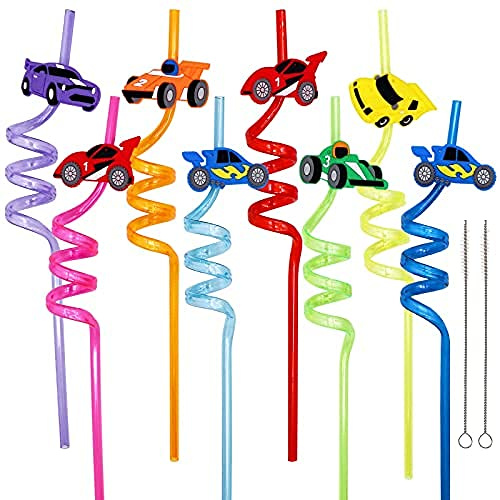 JQTOP Car Plastic Drinking Straw Car And Truck Birthday Party Decorations Favors Supplies 24 Pack With Cleaning Brush Race Car Reusable Straws Party Goodie Bags Gifts Decorations For Kids Adults