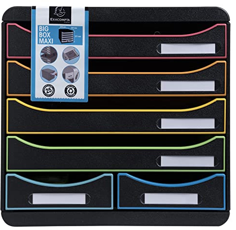 Exacompta 312914D Ablagebox Harlekin aus Recycling-Kunststoff mit 4 Schubladen für DIN A+ und 2 Schubladen für Utensilien. Schubladenbox für mehr Platz. Blauer Engel Big Box Maxi schwarz|bunt