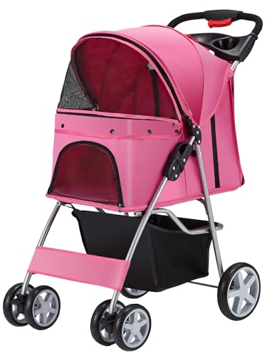 Azaeahom Pet Stroller, 4 Wheels Pet Strolling Cart for Medium/Small Dogs and Cats, Foldable Cat Jogger/Dog Stroller with Cup Holder, Storage Basket, Breathable Mesh, All-Season Pet Carrier, Pink