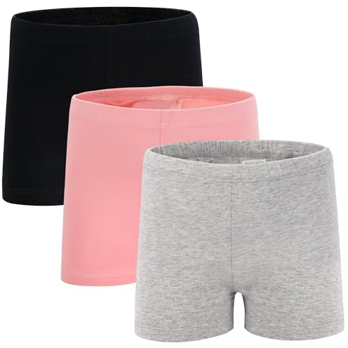 TRAMLE Lot de 3 shorts de cyclisme en coton respirant et extensible pour enfants, sports et jeux à l'extérieur de 5 à 10 ans, 1 gris + 1 noir + 1 rose, 5-6 ans