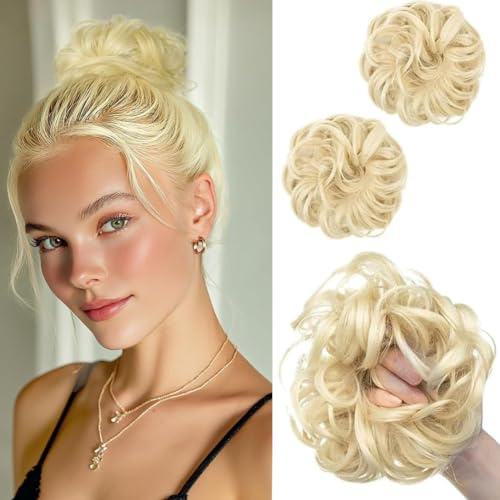 PORSMEER 2 Stücke Haarteil mit Gummiband Groß Dutt Haarteil hellblond Gelockt Haargummi mit Haaren Hochsteckfrisuren Haarverlängerung Messy Bun Scrunchies Haarteile für Damen Mädchen Pferdeschwanz