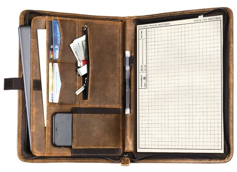 Carpetene Portfolio-Ordner, Leder-Portfolio-Organizer mit Reißverschluss, stilvolles braunes Leder-Padfolio für Männer und Frauen, für Business, legaler Blockhalter, A4/Pad-kompatibel, professionelle