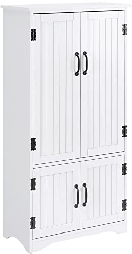 HOMCOM Alacena de Cocina Aparador Alto de Cocina Mueble Auxiliar con 4 Puertas y Estantes Ajustables para Salón Baño 60x30x123 cm Blanco