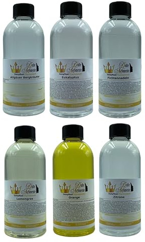Dufte Momente | Dampfbad Duft Konzentrat 6 x 500ml Bergkräuter, Eukalyptus, Fichtennadel, Lemongras, Orange, Zitrone | ätherische Öle | für alle gängigen Dampfduschen, Verdampferanlagen | vegan