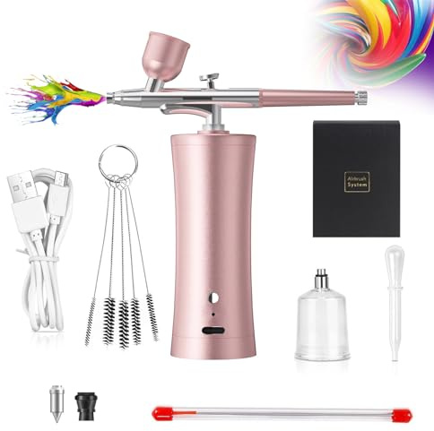 Holzsammlung Airbrush, Set di Pistola a Spruzzo con Compressore, Kit aerografo Portatile Wireless e Set aerografo a Mano Ricaricabile, per Trucco,Decorazione Torte,Unghie（rosa）