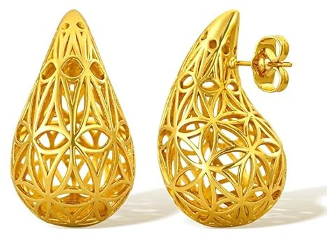 DJADEE Ohrringe Gold vergoldet 24 Karat Tropfen Damen Drops Geschenk für Frauen Mädchen vergoldete Creolen Hänger Wasserfest leichte Tropfformige Ohrringe Hypoallergen Wassertropfen