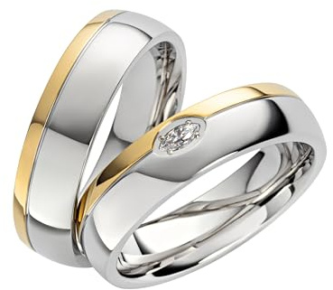 Paar Partnerringe & Eheringe aus Edelstahl 316L – 6 mm Trauringe poliert mit PVD Gold & Zirkonia, Hochzeitsringe Größe 48-74 mit Gravur im Etui | 2042