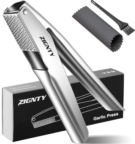 ZIGNTY Garlic Press Stainless Steel, No Need to Peel Garlic Mincer Tool | Professional Garlic Presser & Masher, Large Trough, Efficient Dual Lever-Assisted, Rust Proof, Easy Clean, Dishwasher Safe