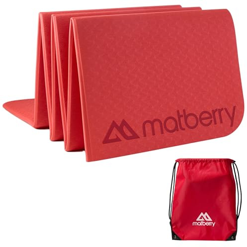 MATBERRY Yogamatte faltbar klappbar rutschfest schadstofffrei leicht praktisch mit Tragetasche ideale Gymnastikmatte Sportmatte Fitnessmatte Pilates Reiseyogamatte (Dynamic Red)