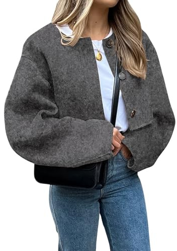 CHARTOU Women Cropped Wool Blend Pea Coat Short Jacket Peacoat Long Sleeve Button Down Crop Jacket (Small,Grey)