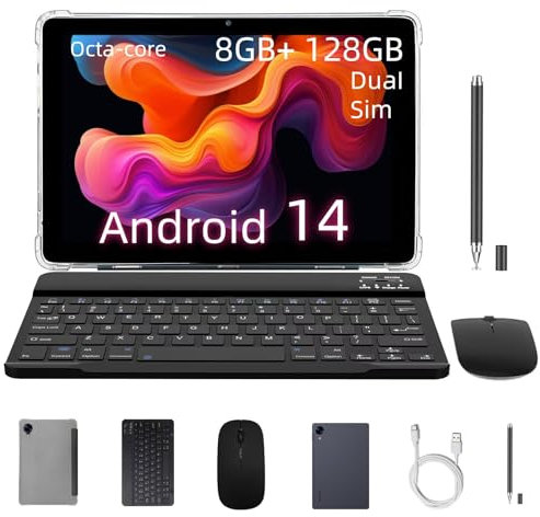Tablet 10 Pollici Android 14 con Scheda SIM Tastiera & Penna, 8GB RAM + 128GB ROM Espandibile 1TB, Tablet in Offerta, Doppio 4G LTE + 5G Wi-Fi | 6000 mAh | 1280 * 800 | 8MP+5MP | Corpo in Metallo