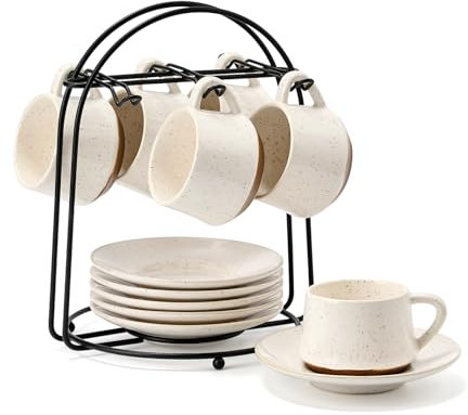 SIDUCAL Stackable Cappuccino Cup Set of 6 [4 oz] Ceramic Coffee Cups with Saucers and Cup Holder,Microwave/Dishwasher Safe,Espresso Demitasse Cups(White)