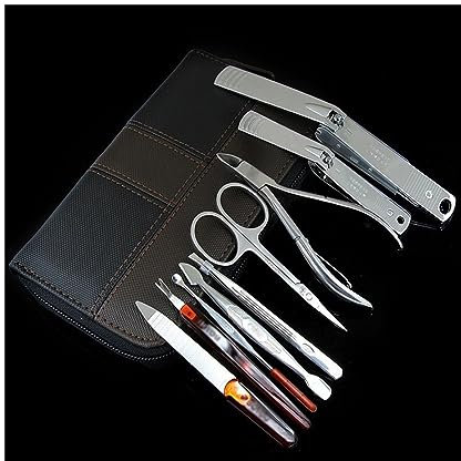 YQINQIN83B Nagelknipser-Set 9-teiliges Maniküre-Set, tragbares Nagelknipser-Set, professionelles Pediküre-Pflegeset aus Karbonstahl, Nagelpflege-Werkzeuge mit Reise-Lederetui Maniküre-Pediküre-Set