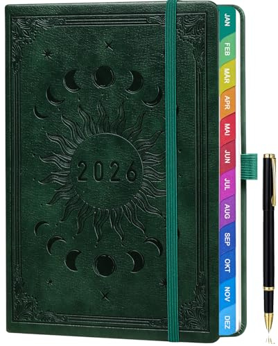 Kalender 2026 A5 Deutsch – Wochen- und Terminplaner von Januar bis Dezember, mit Monatsübersicht, bunten Registertabs, farbenfrohen Innenseiten, praktischer Innentasche & Stifthalter – Dunkelgrün
